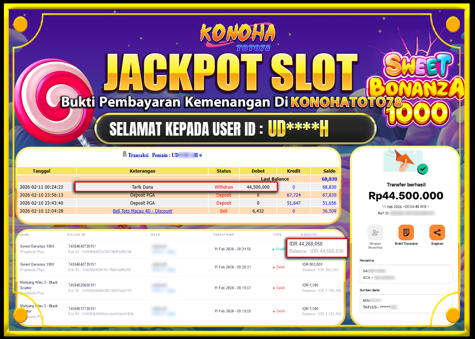 KONOHATOTO78 JACKPOT SWEET BONANZA 1000  Rp.44.500.000,LUNAS